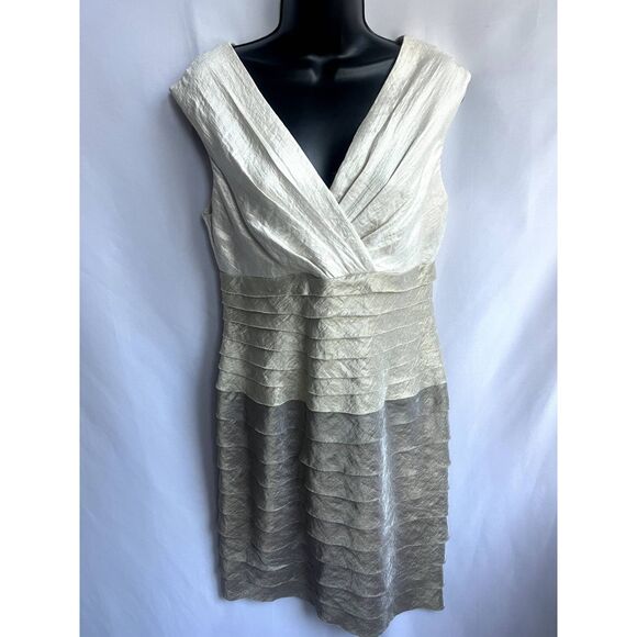 London Times Metallic Bodycon Beige Dress Size 10 Classy Formal Tiered V Neck - Picture 1 of 12